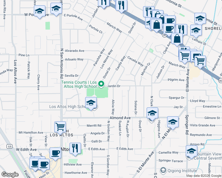 map of restaurants, bars, coffee shops, grocery stores, and more near 376 Alicia Way in Los Altos