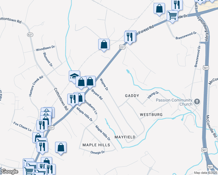 map of restaurants, bars, coffee shops, grocery stores, and more near 109 Wayne Drive in Lynchburg
