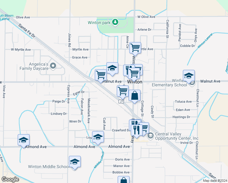map of restaurants, bars, coffee shops, grocery stores, and more near 7149 Walnut Avenue in Winton