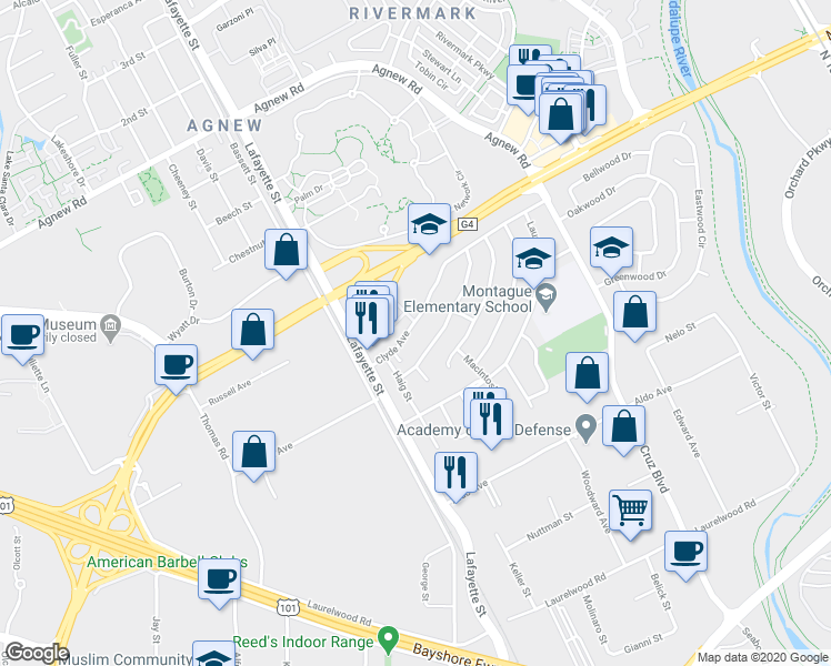 map of restaurants, bars, coffee shops, grocery stores, and more near 1031 Clyde Avenue in Santa Clara