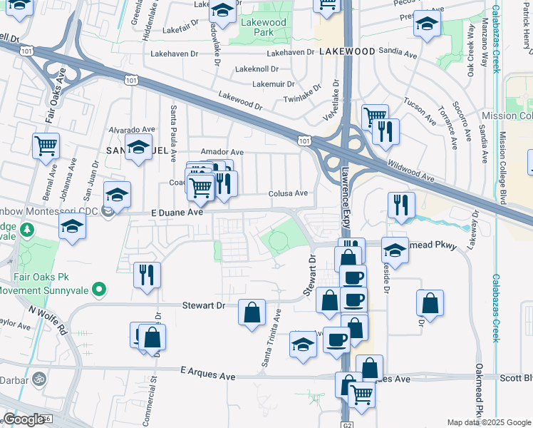 map of restaurants, bars, coffee shops, grocery stores, and more near 978 Colusa Avenue in Sunnyvale