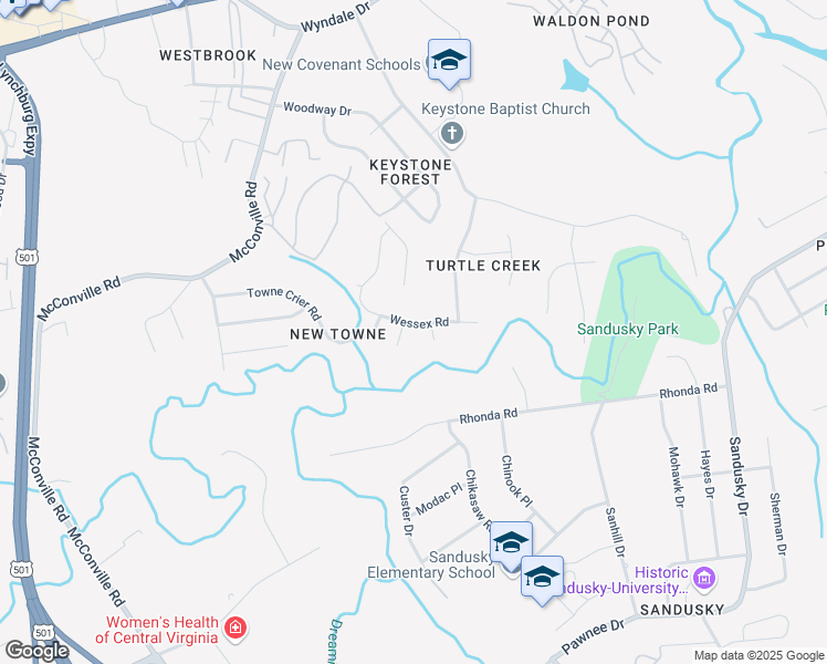 map of restaurants, bars, coffee shops, grocery stores, and more near 209 Wessex Road in Lynchburg