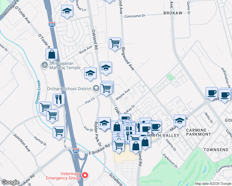 map of restaurants, bars, coffee shops, grocery stores, and more near 1866 Fumia Place in San Jose