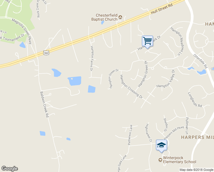 map of restaurants, bars, coffee shops, grocery stores, and more near 7613 Hampton Green Drive in Chesterfield