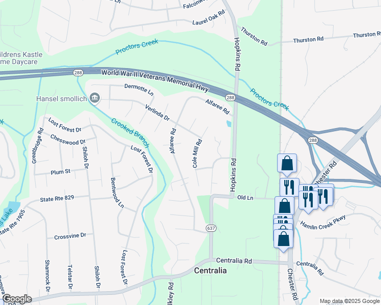 map of restaurants, bars, coffee shops, grocery stores, and more near 9718 Cole Mill Road in Richmond
