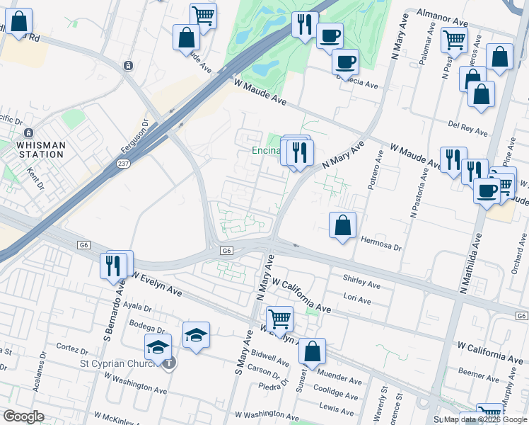 map of restaurants, bars, coffee shops, grocery stores, and more near 701 Escalon Avenue in Sunnyvale
