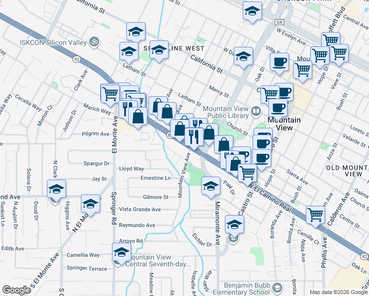 map of restaurants, bars, coffee shops, grocery stores, and more near 1398 West El Camino Real in Mountain View