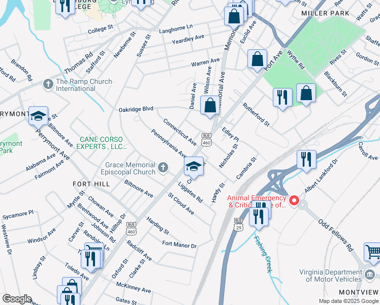 map of restaurants, bars, coffee shops, grocery stores, and more near 101 Connecticut Ave in Lynchburg