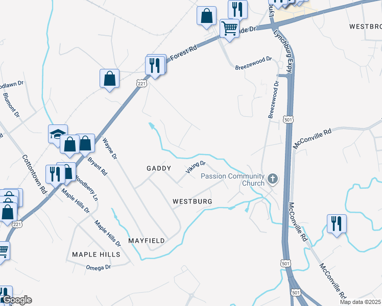 map of restaurants, bars, coffee shops, grocery stores, and more near 206 Creekview Court in Lynchburg