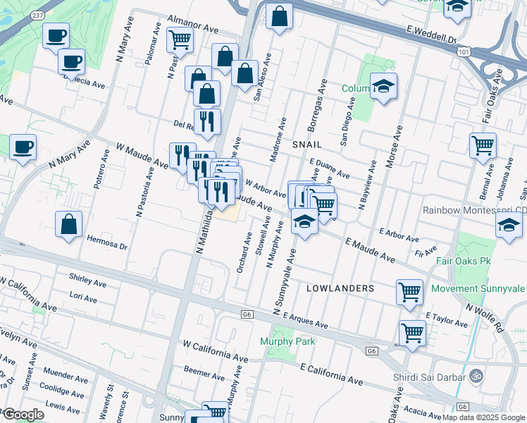map of restaurants, bars, coffee shops, grocery stores, and more near 148 West Maude Avenue in Sunnyvale