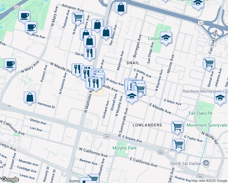 map of restaurants, bars, coffee shops, grocery stores, and more near 148 West Maude Avenue in Sunnyvale