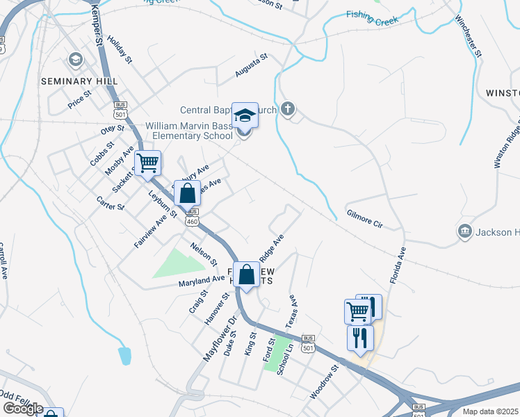 map of restaurants, bars, coffee shops, grocery stores, and more near 3218 Ohio Avenue in Lynchburg