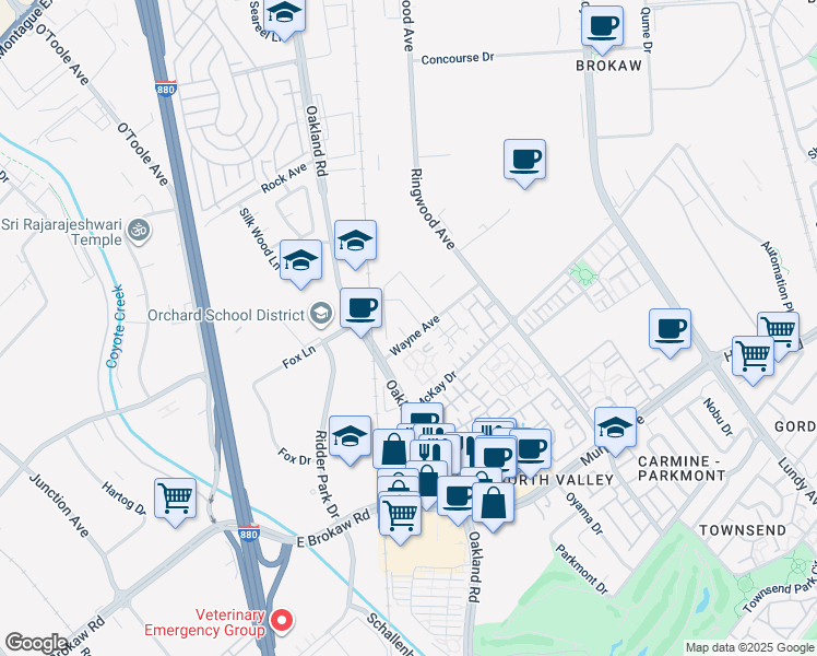 map of restaurants, bars, coffee shops, grocery stores, and more near 1723 Fumia Court in San Jose