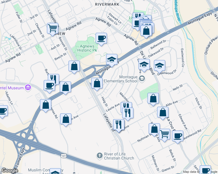 map of restaurants, bars, coffee shops, grocery stores, and more near 1031 Clyde Avenue in Santa Clara