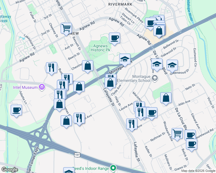 map of restaurants, bars, coffee shops, grocery stores, and more near Unnamed Road in Santa Clara