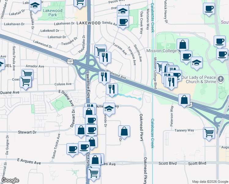 map of restaurants, bars, coffee shops, grocery stores, and more near 1252 Lakeside Drive in Sunnyvale