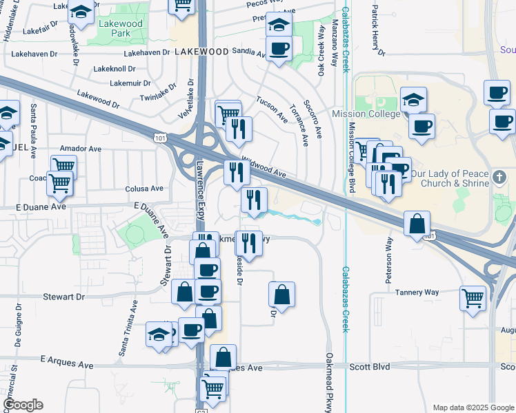 map of restaurants, bars, coffee shops, grocery stores, and more near 1252 Lakeside Drive in Sunnyvale