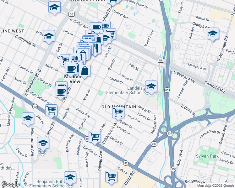 map of restaurants, bars, coffee shops, grocery stores, and more near 375 Velarde Street in Mountain View