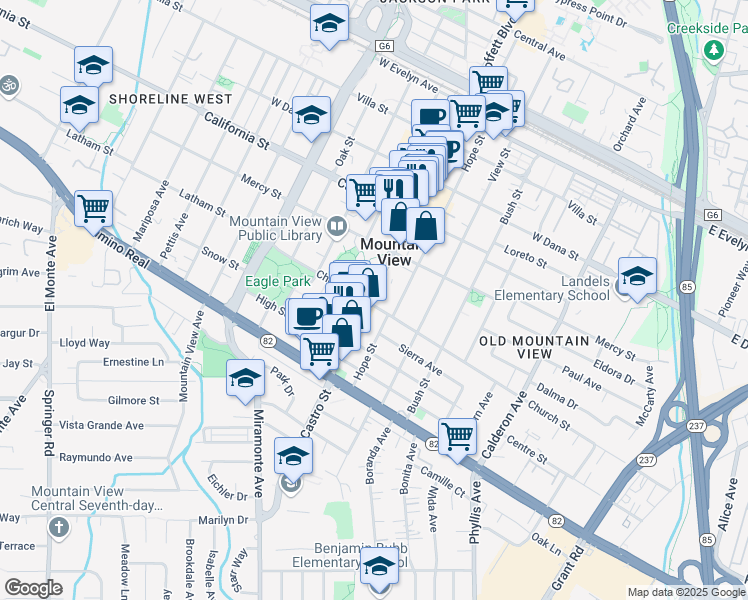 map of restaurants, bars, coffee shops, grocery stores, and more near 553 Castro Street in Mountain View