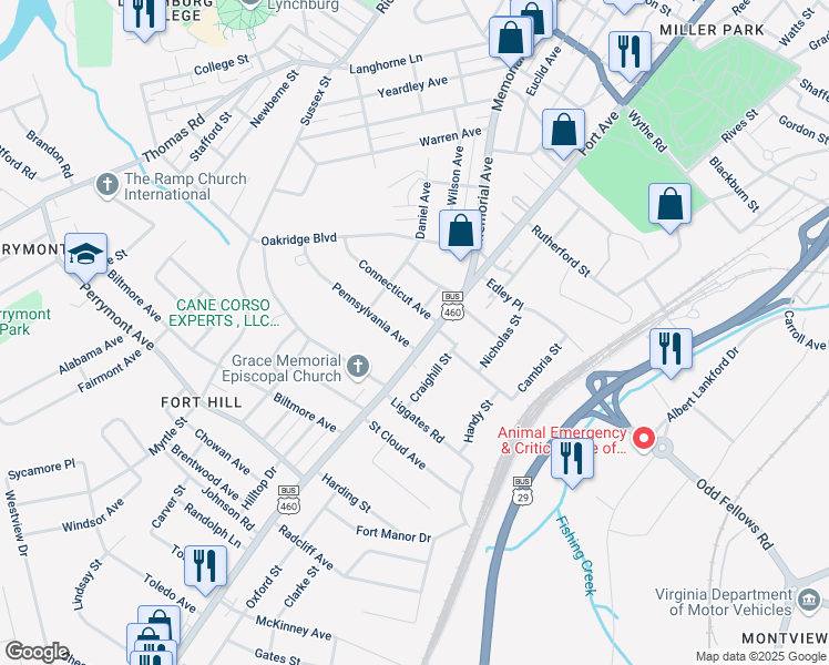 map of restaurants, bars, coffee shops, grocery stores, and more near 101 Connecticut Ave in Lynchburg