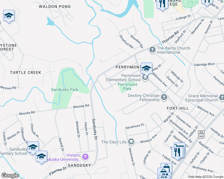 map of restaurants, bars, coffee shops, grocery stores, and more near 4633 Oakdale Drive in Lynchburg