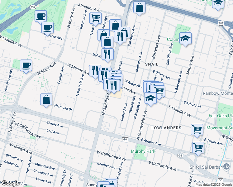 map of restaurants, bars, coffee shops, grocery stores, and more near 340 West Maude Avenue in Sunnyvale