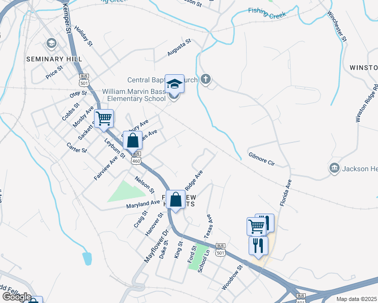 map of restaurants, bars, coffee shops, grocery stores, and more near 1819 Tennessee Avenue in Lynchburg