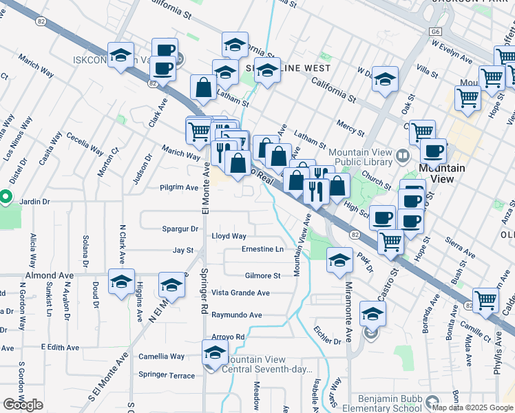 map of restaurants, bars, coffee shops, grocery stores, and more near 1572 Hollingsworth Drive in Mountain View