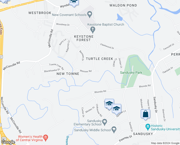 map of restaurants, bars, coffee shops, grocery stores, and more near 101 Averill Court in Lynchburg