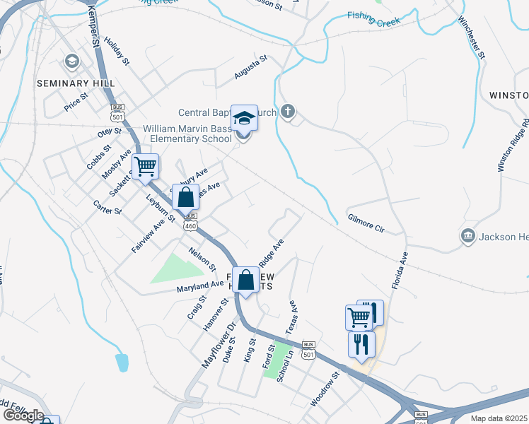 map of restaurants, bars, coffee shops, grocery stores, and more near 1819 Tennessee Avenue in Lynchburg