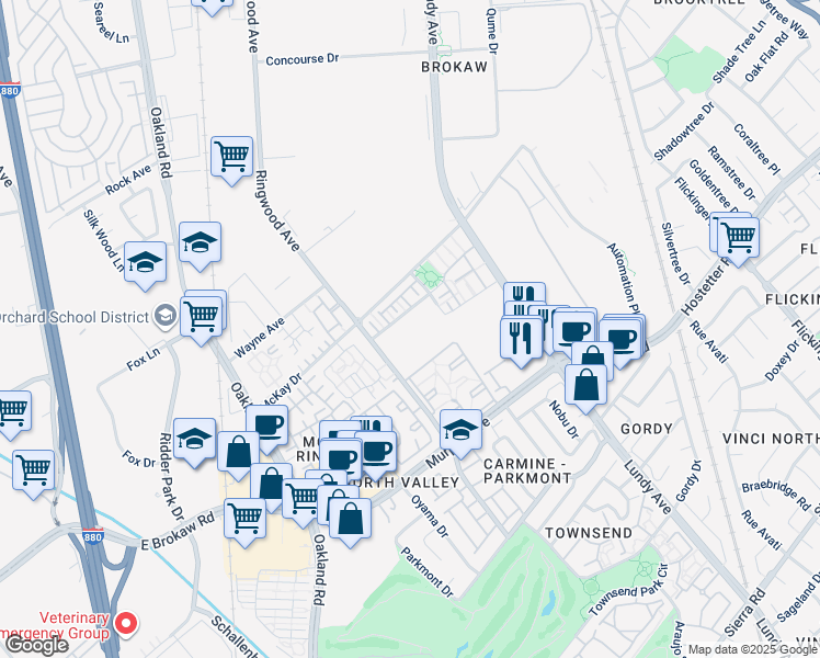 map of restaurants, bars, coffee shops, grocery stores, and more near 1241 Avenida Benito in San Jose