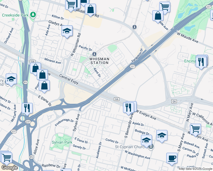 map of restaurants, bars, coffee shops, grocery stores, and more near S Bay Fwy in Mountain View