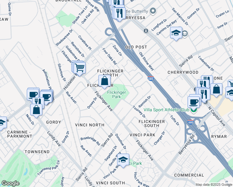 map of restaurants, bars, coffee shops, grocery stores, and more near 2099 Ulster Drive in San Jose