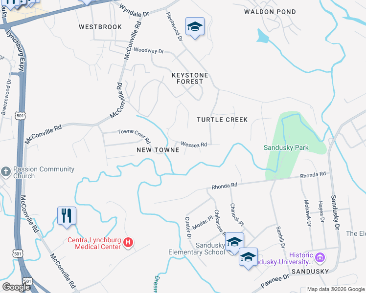 map of restaurants, bars, coffee shops, grocery stores, and more near 301 Wessex Road in Lynchburg