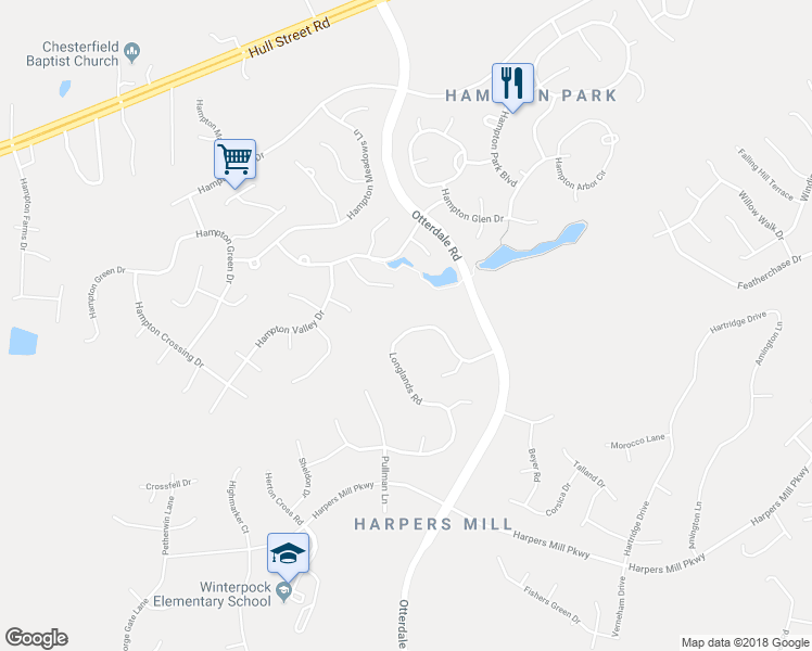 map of restaurants, bars, coffee shops, grocery stores, and more near 15854 Longlands Road in Chesterfield