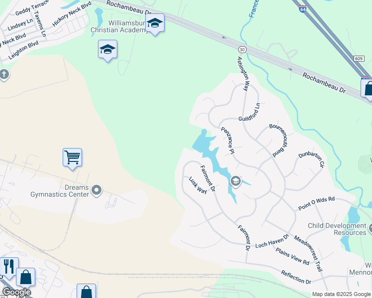 map of restaurants, bars, coffee shops, grocery stores, and more near 8068 Fairmont Drive in Williamsburg
