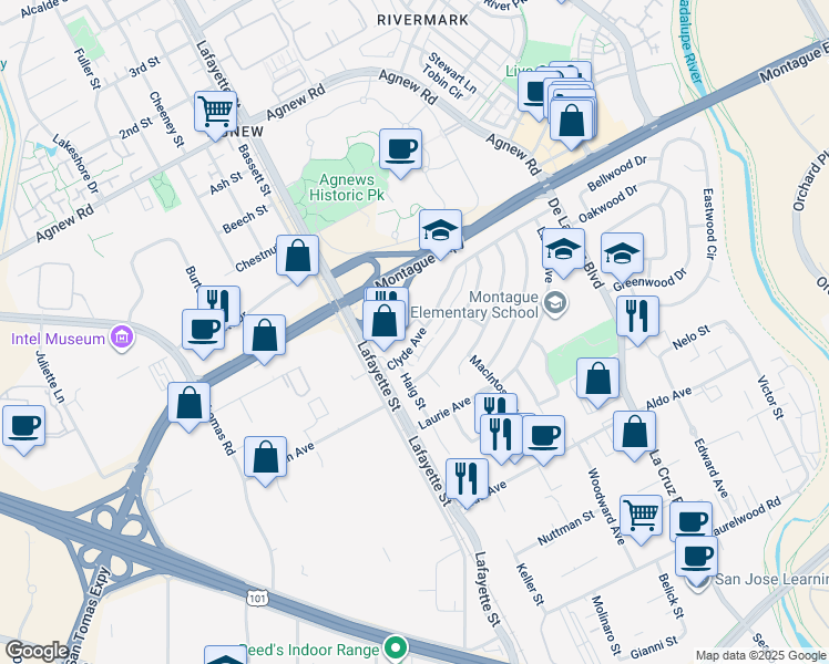 map of restaurants, bars, coffee shops, grocery stores, and more near 1031 Clyde Avenue in Santa Clara