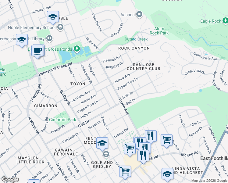 map of restaurants, bars, coffee shops, grocery stores, and more near 3955 Pepper Tree Lane in San Jose
