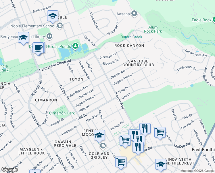 map of restaurants, bars, coffee shops, grocery stores, and more near 3955 Pepper Tree Lane in San Jose