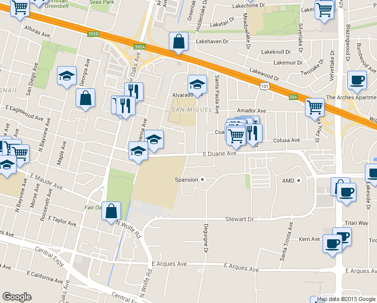 map of restaurants, bars, coffee shops, grocery stores, and more near 642 San Luisito Way in Sunnyvale
