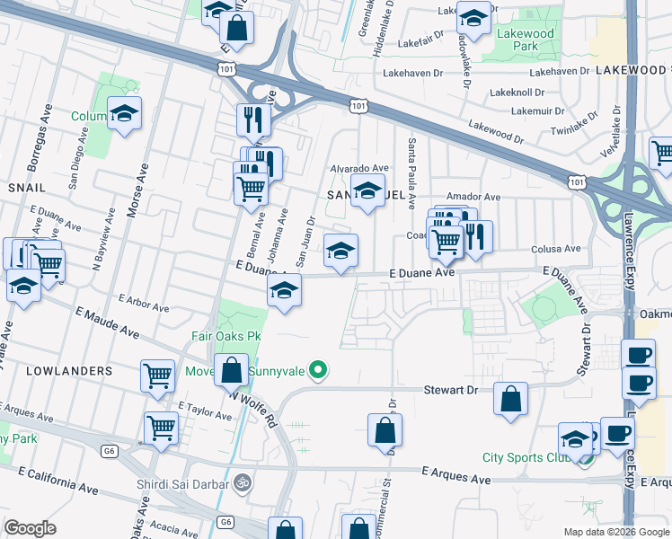map of restaurants, bars, coffee shops, grocery stores, and more near 763 San Justo Court in Sunnyvale