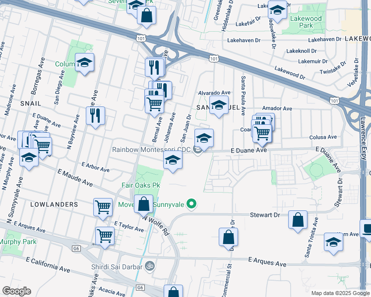 map of restaurants, bars, coffee shops, grocery stores, and more near 628 San Juan Drive in Sunnyvale