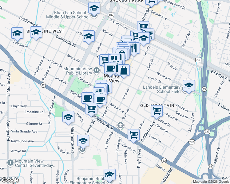 map of restaurants, bars, coffee shops, grocery stores, and more near 531 Hope Street in Mountain View