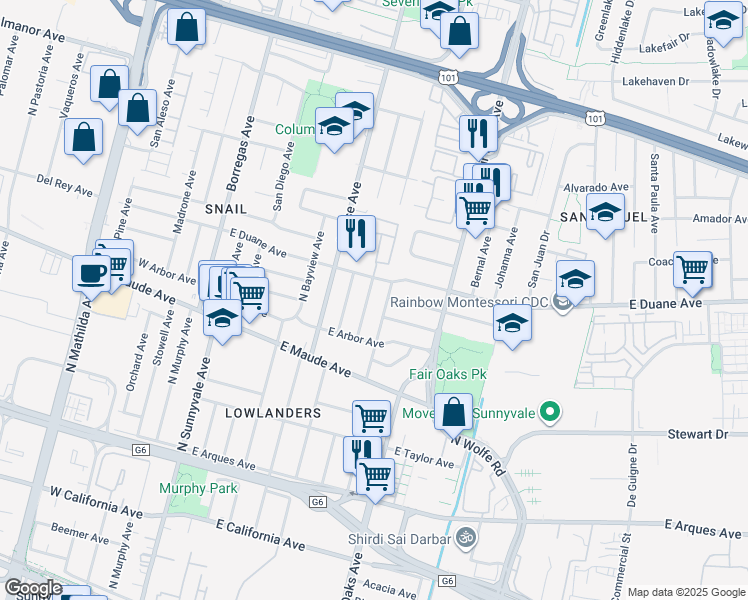 map of restaurants, bars, coffee shops, grocery stores, and more near 584 Gresham Avenue in Sunnyvale