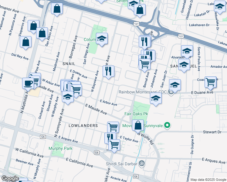 map of restaurants, bars, coffee shops, grocery stores, and more near 584 Gresham Avenue in Sunnyvale