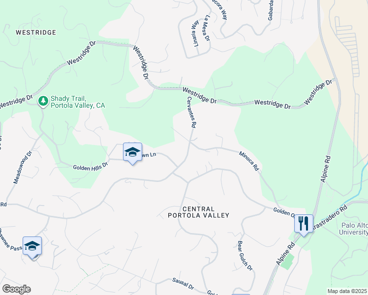 map of restaurants, bars, coffee shops, grocery stores, and more near 210 Cervantes Road in Portola Valley