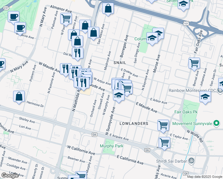 map of restaurants, bars, coffee shops, grocery stores, and more near 511 Borregas Avenue in Sunnyvale