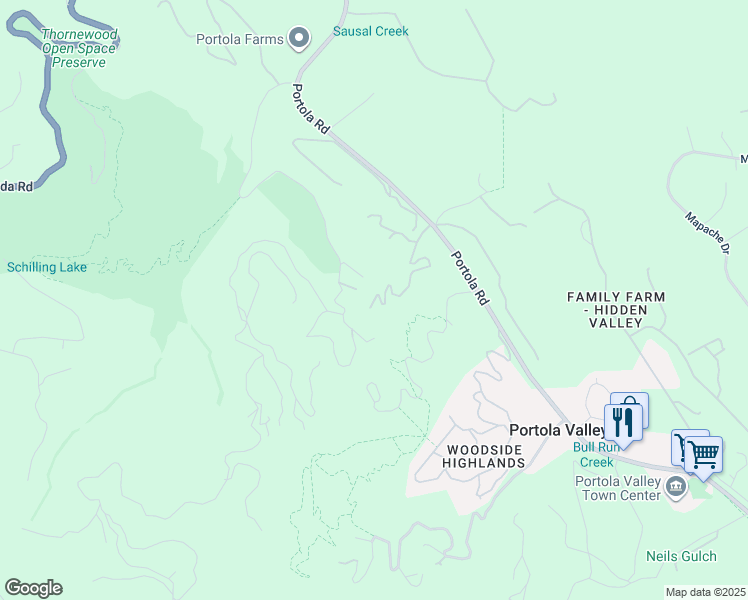 map of restaurants, bars, coffee shops, grocery stores, and more near 18 Montecito Road in Woodside