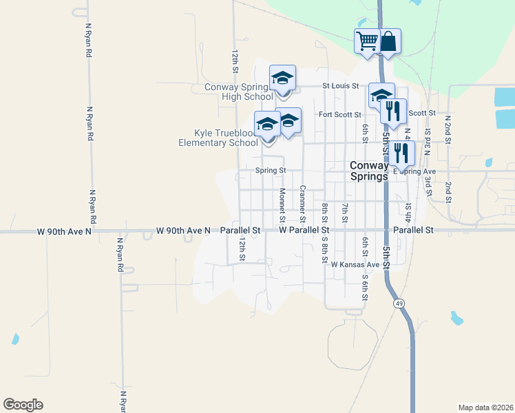 map of restaurants, bars, coffee shops, grocery stores, and more near 125 Highland Street in Conway Springs