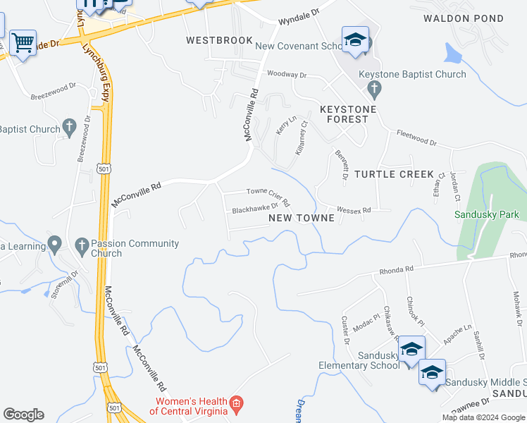 map of restaurants, bars, coffee shops, grocery stores, and more near 341 Blackhawke Drive in Lynchburg